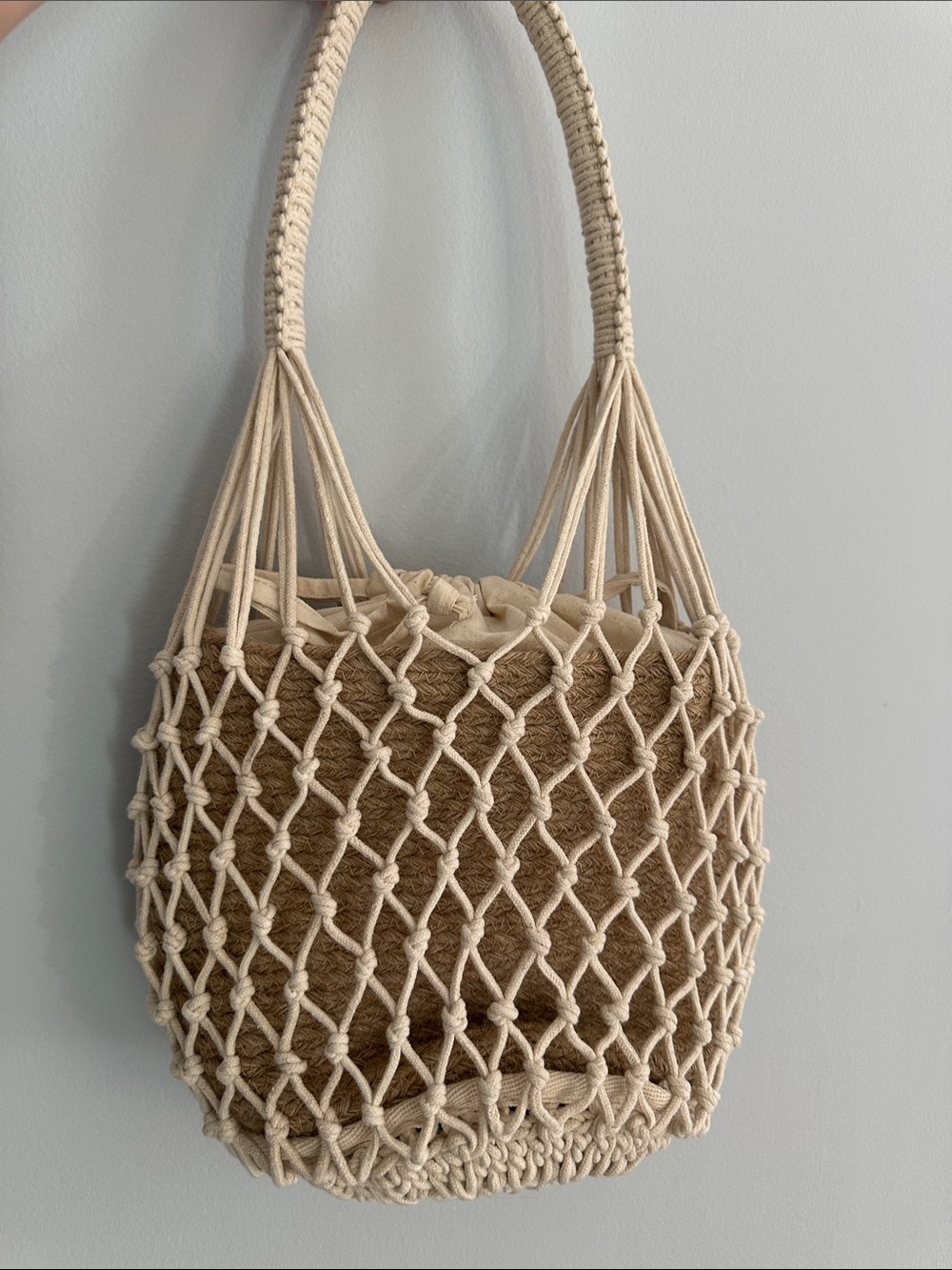 Crocheted Mesh & Straw bucket bag